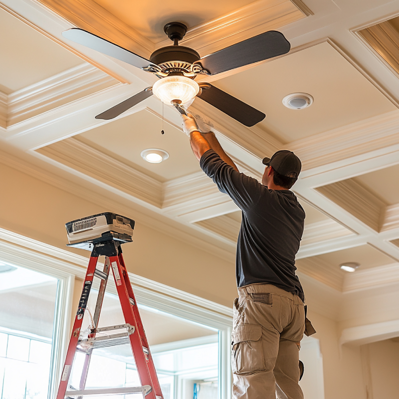 person-cleaning-light-fixtures-ceiling-fans-with-step-ladder